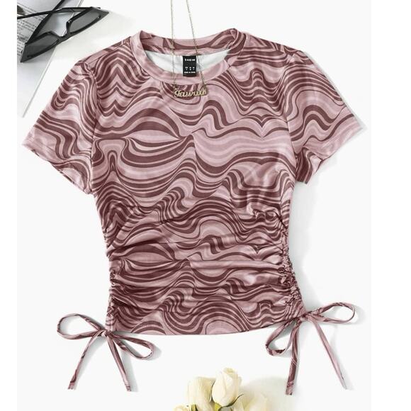 Teen Girl's  Marble Print Drawstring Side Ruched Tee Shirt - Picture 1 of 4